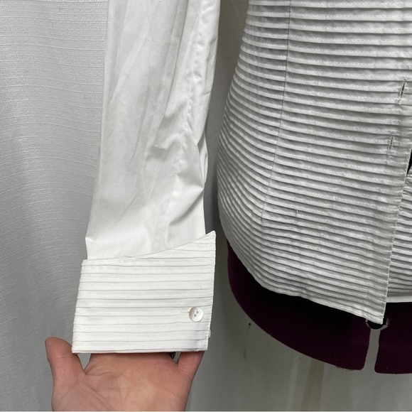 White stylish, unique button up coloured ribbed folds blouse, long sleeve - Picture 6 of 16